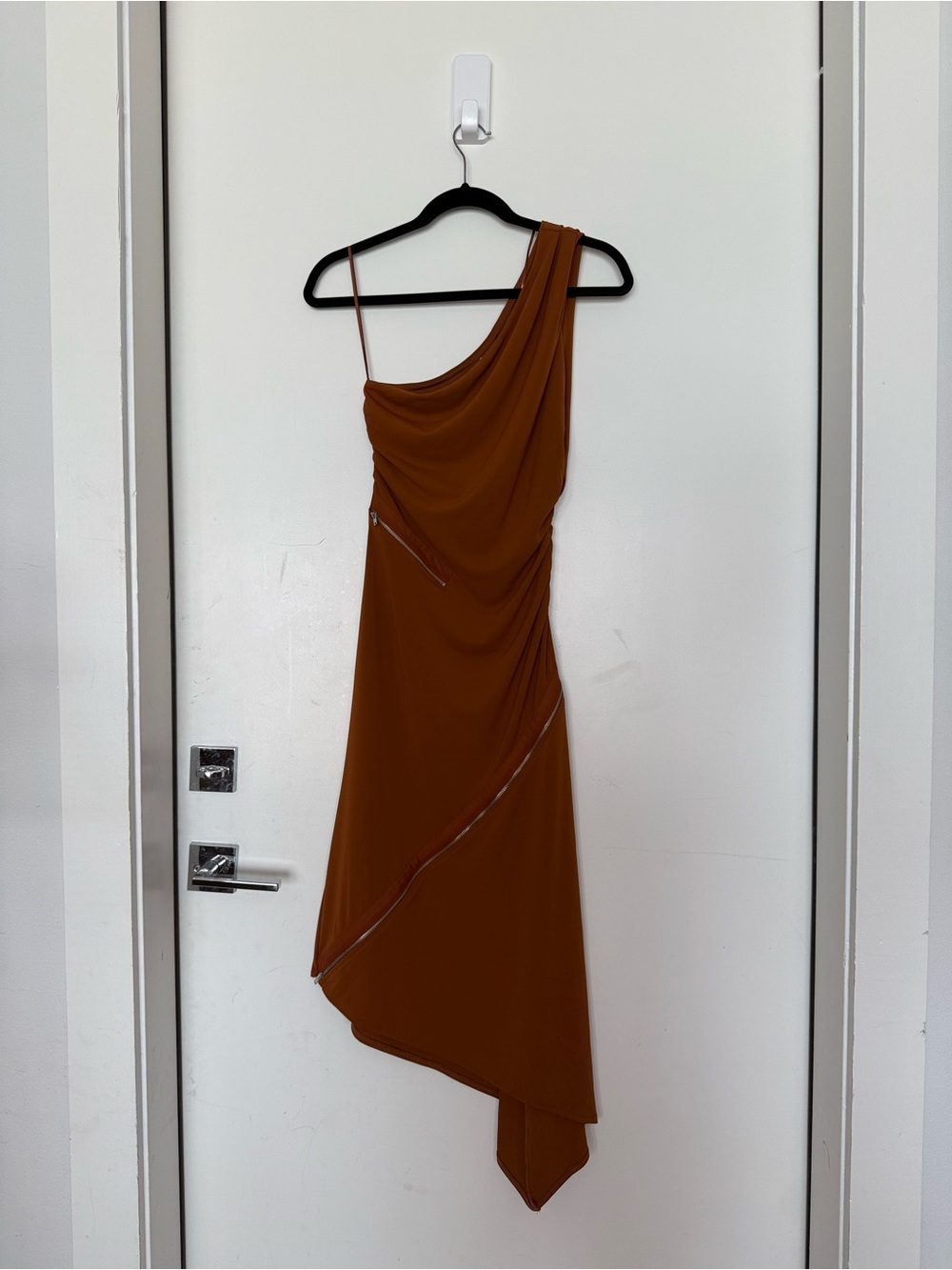 Zara Asymmetrical Brown One Shoulder Midi Dress with Zippers - Picture 5 of 8